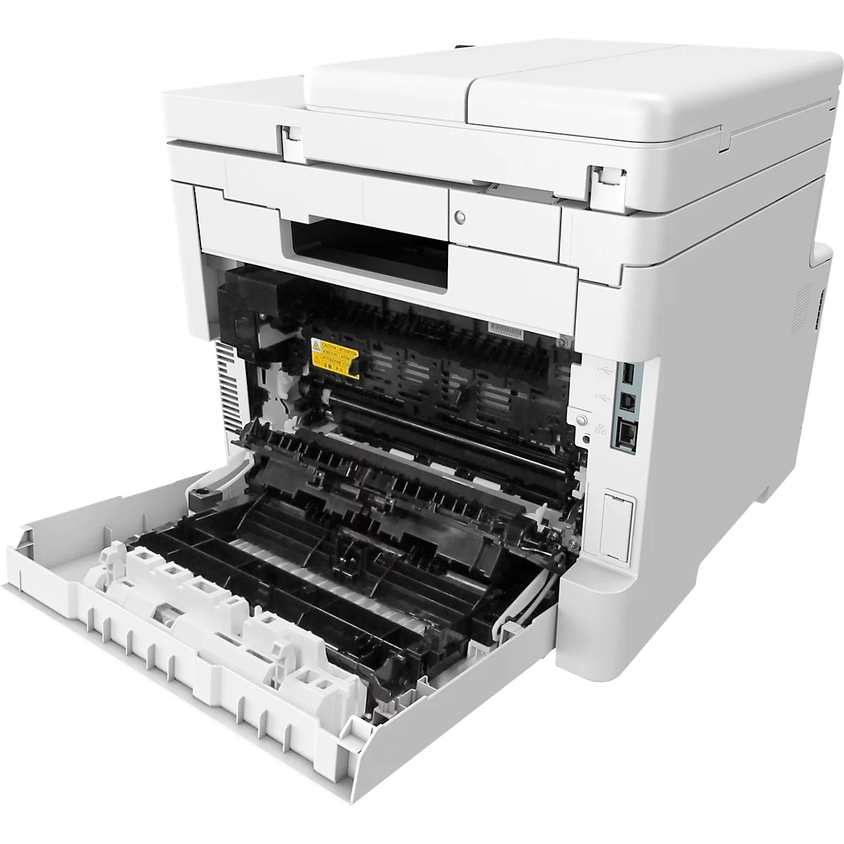 Ein weißer Drucker mit geöffneter Klappe, der Einblick in die innere Mechanik bietet. Gelbe Warnhinweise sind sichtbar.