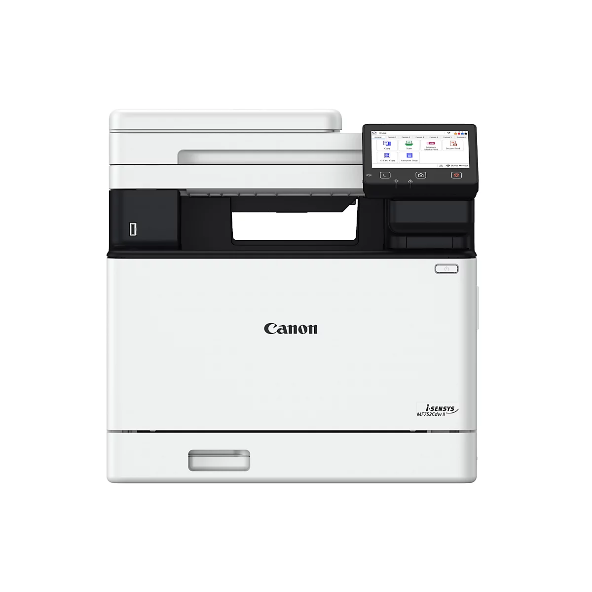 Ein weißer Canon-Multifunktionsdrucker. Er hat ein Bedienfeld mit Touchscreen und das Canon-Logo.