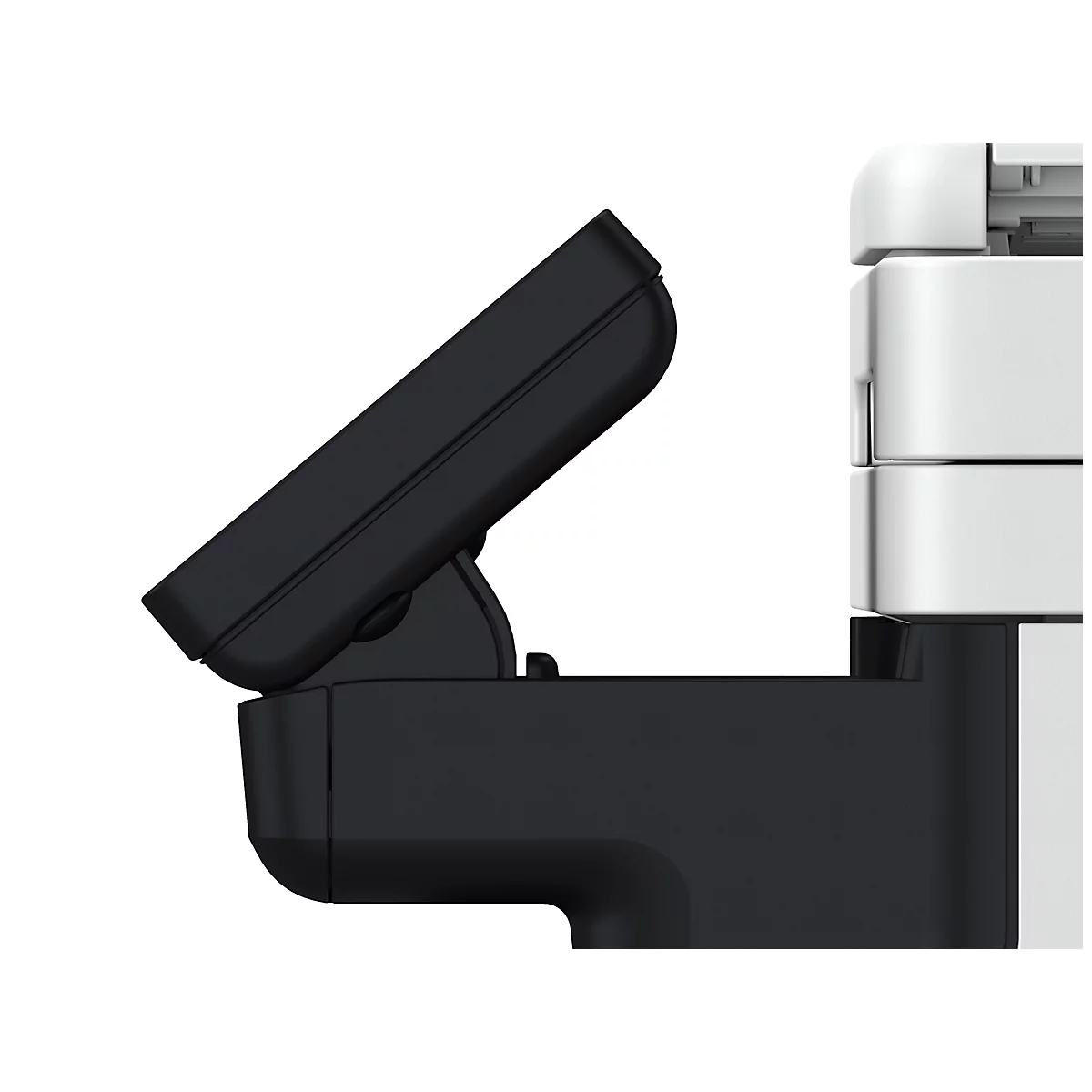 Detailaufnahme des Displays eines Druckers. Das Display ist schräg aufgestellt und hat eine schwarze Farbe.