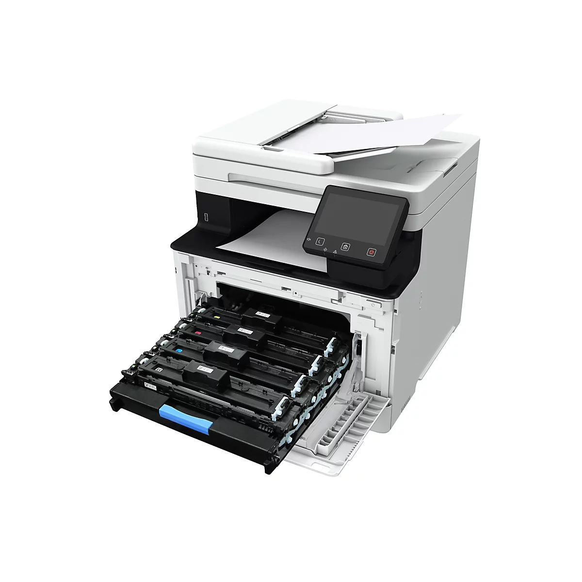 Ein offener Drucker mit herausgezogener Tonerkassette, Papier liegt bereit. Schwarzes Bedienfeld mit Knöpfen.