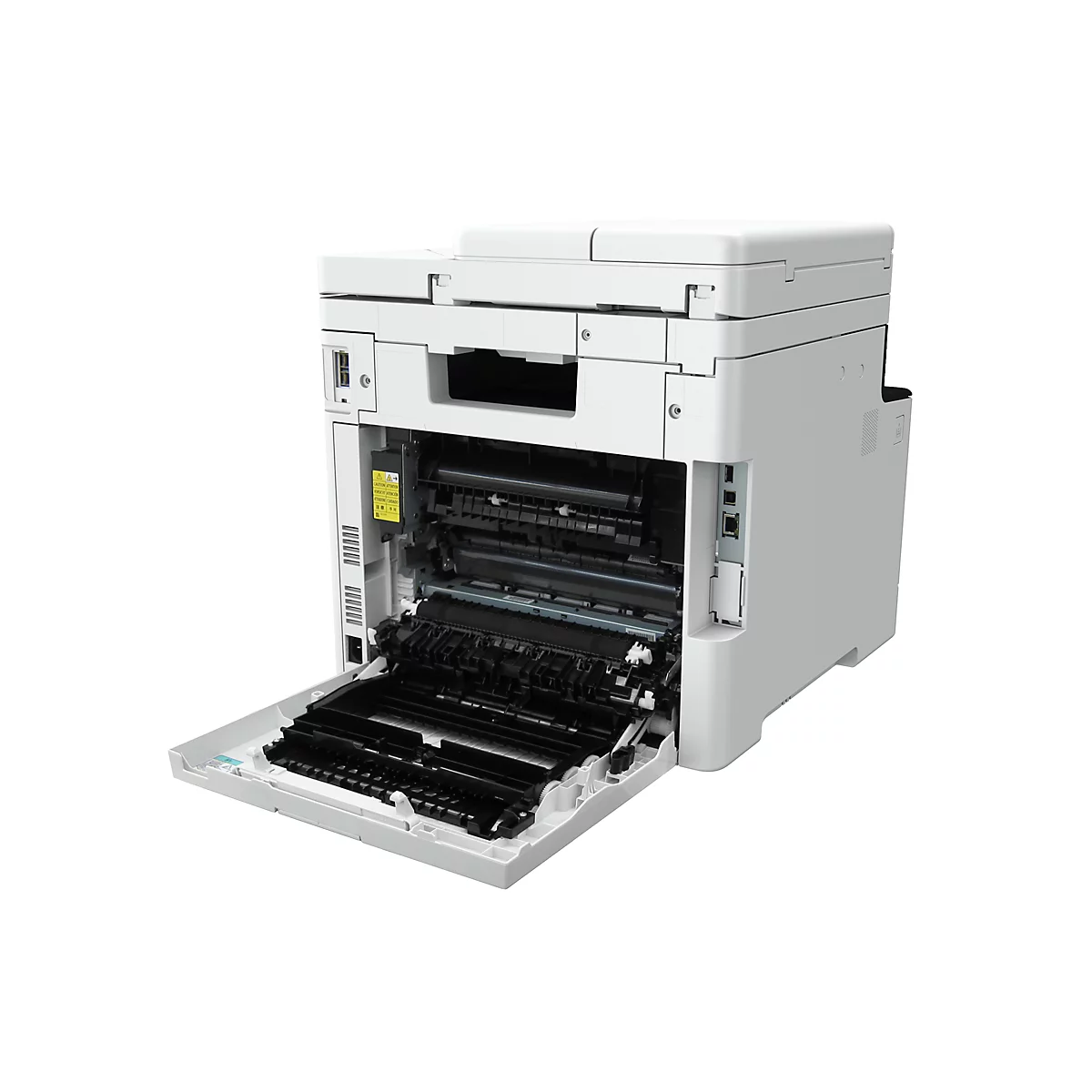 Ein offener weißer Laserdrucker, dessen Innenleben sichtbar ist.