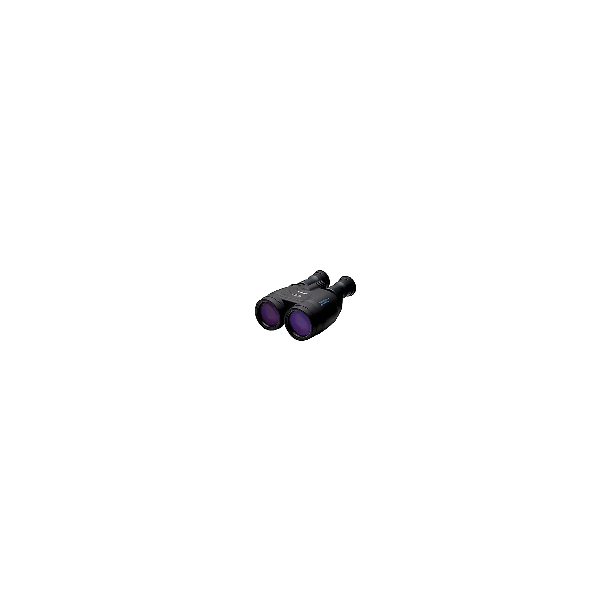 Schwarzes Fernglas mit violetten Linsen. Aufschrift 'CANON' und technische Daten.