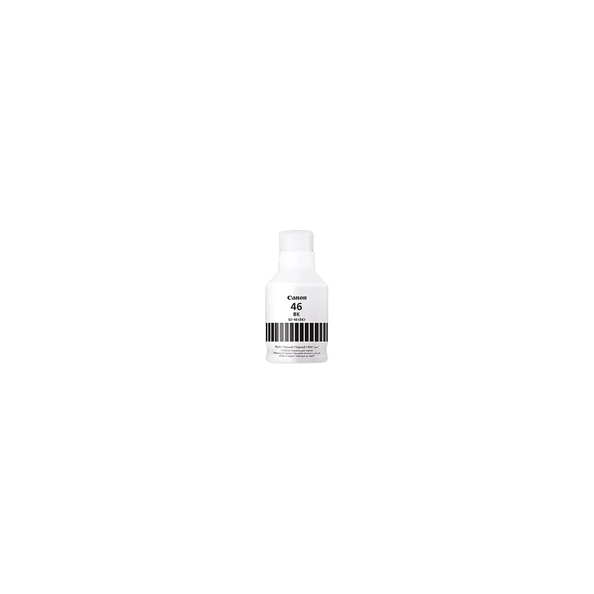 Une bouteille d'encre blanche Canon. Sur la bouteille, on peut lire Canon 46 BK. Il y a un code-barres sous le texte.