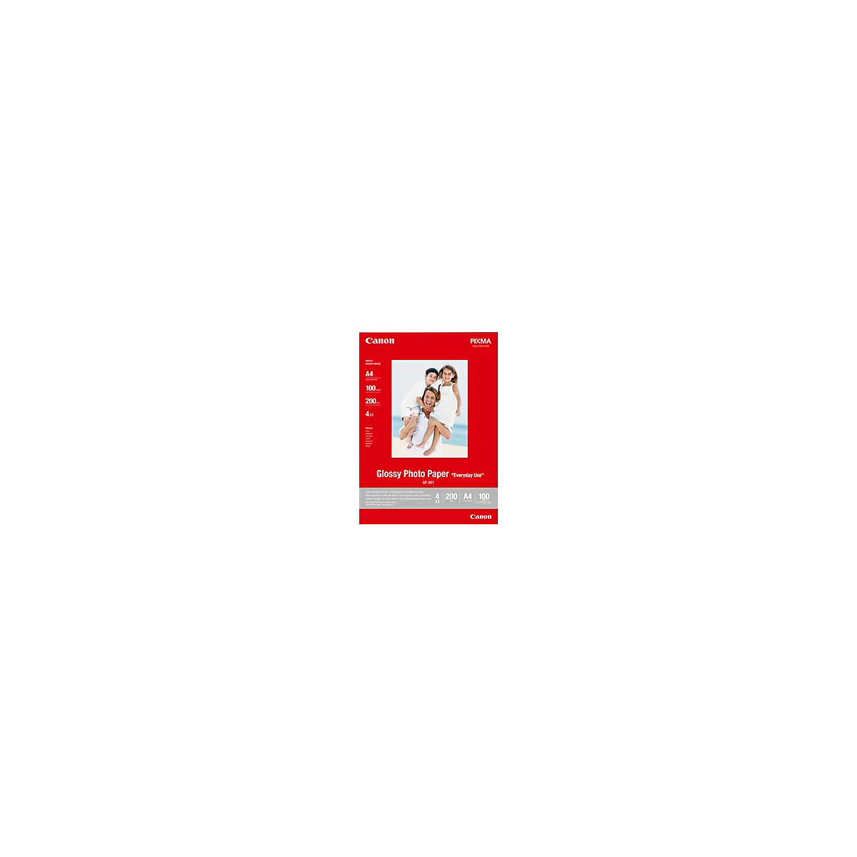 Rote Packung Canon Glossy Fotopapier im A4-Format mit einem Bild einer Familie am Strand.