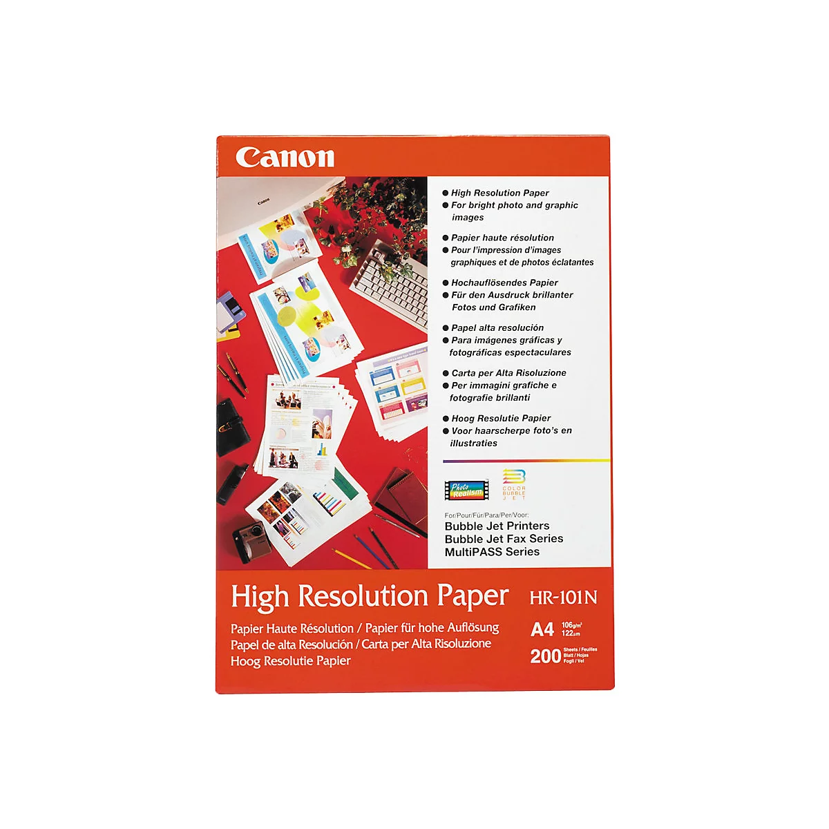 Canon High Resolution Papier Verpackung A4, 200 Blatt, mit Produktabbildung auf rotem Hintergrund.
