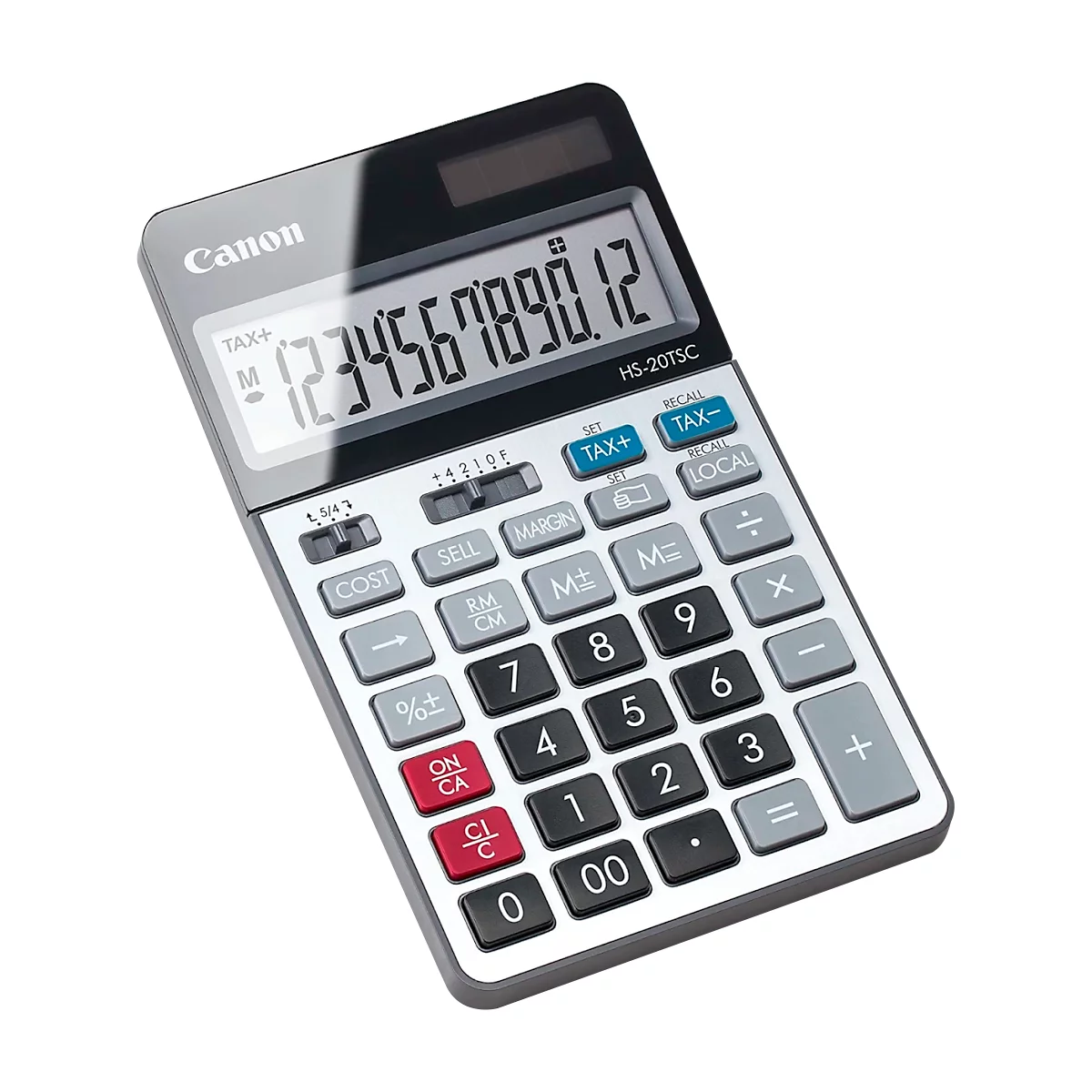 Ein grauer Canon-Taschenrechner mit schwarzen Tasten zeigt Zahlen an. Oben steht die Anzeige 1234567890,12.