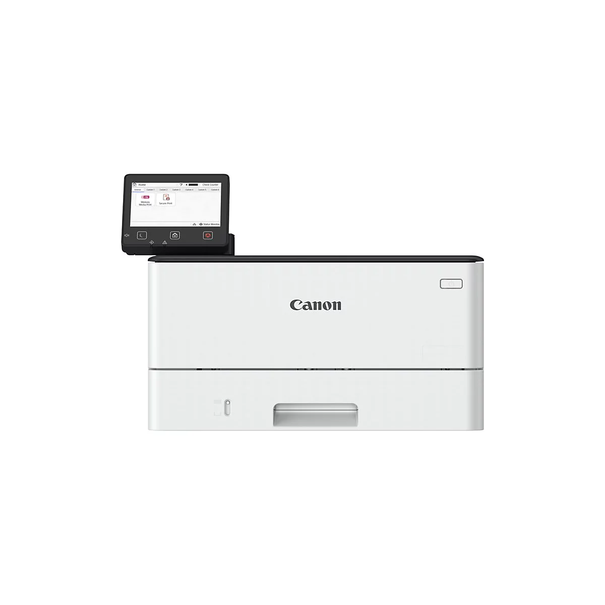 Weißer Canon-Laserdrucker. Mit schwarzem Bedienfeld, Bildschirm mit Icons. Canon-Logo zentral platziert.