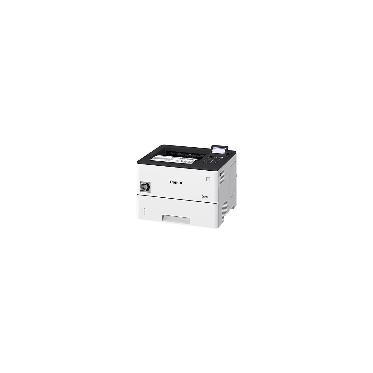 WeiÃŸ-schwarzer Canon-Laserdrucker. Papier liegt im Fach. Bedienfeld auf Oberseite.