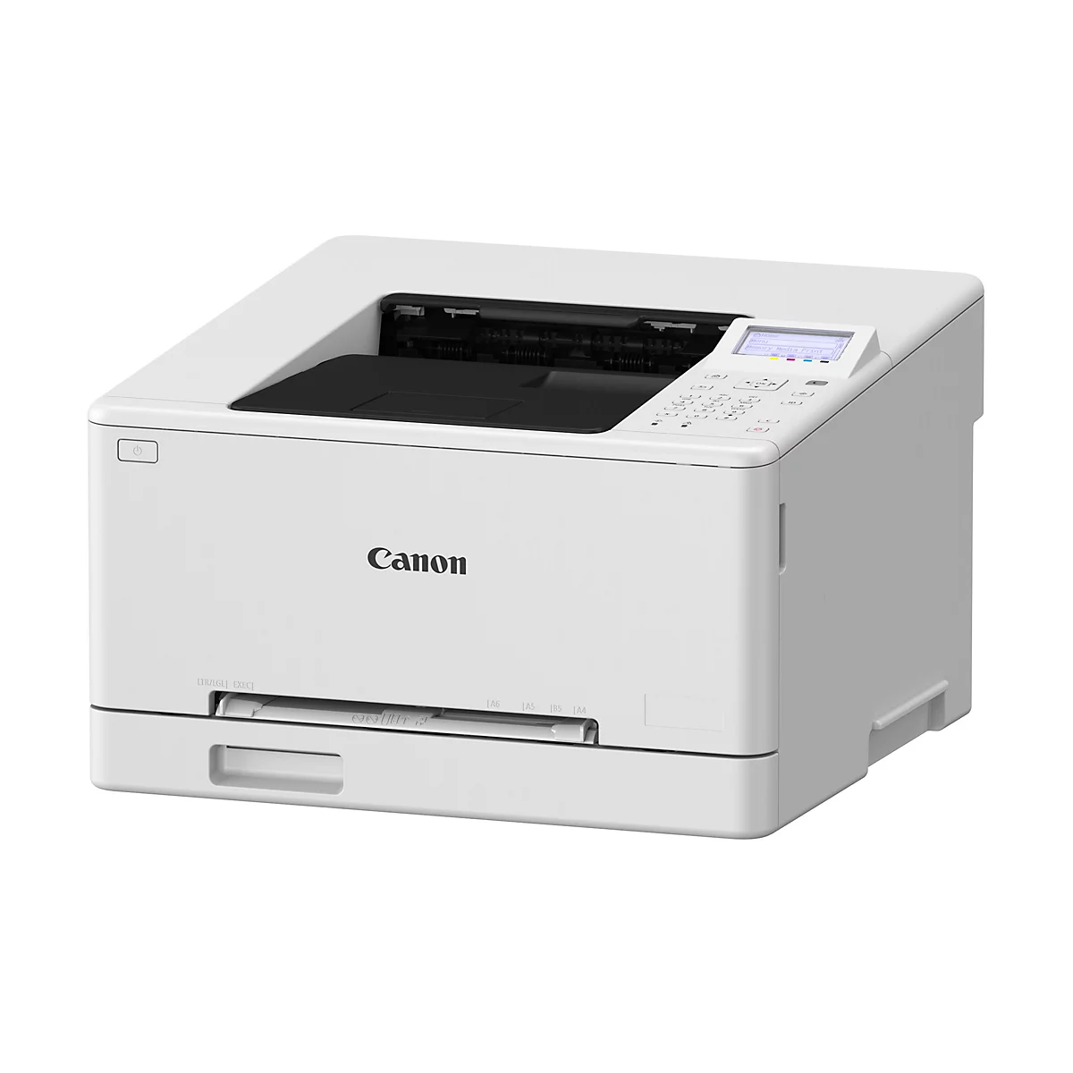 Ein weißer Canon-Laserdrucker. Der Drucker hat ein Bedienfeld mit Tasten und einem Display, darunter das Canon-Logo. Die Papierausgabe ist unten.