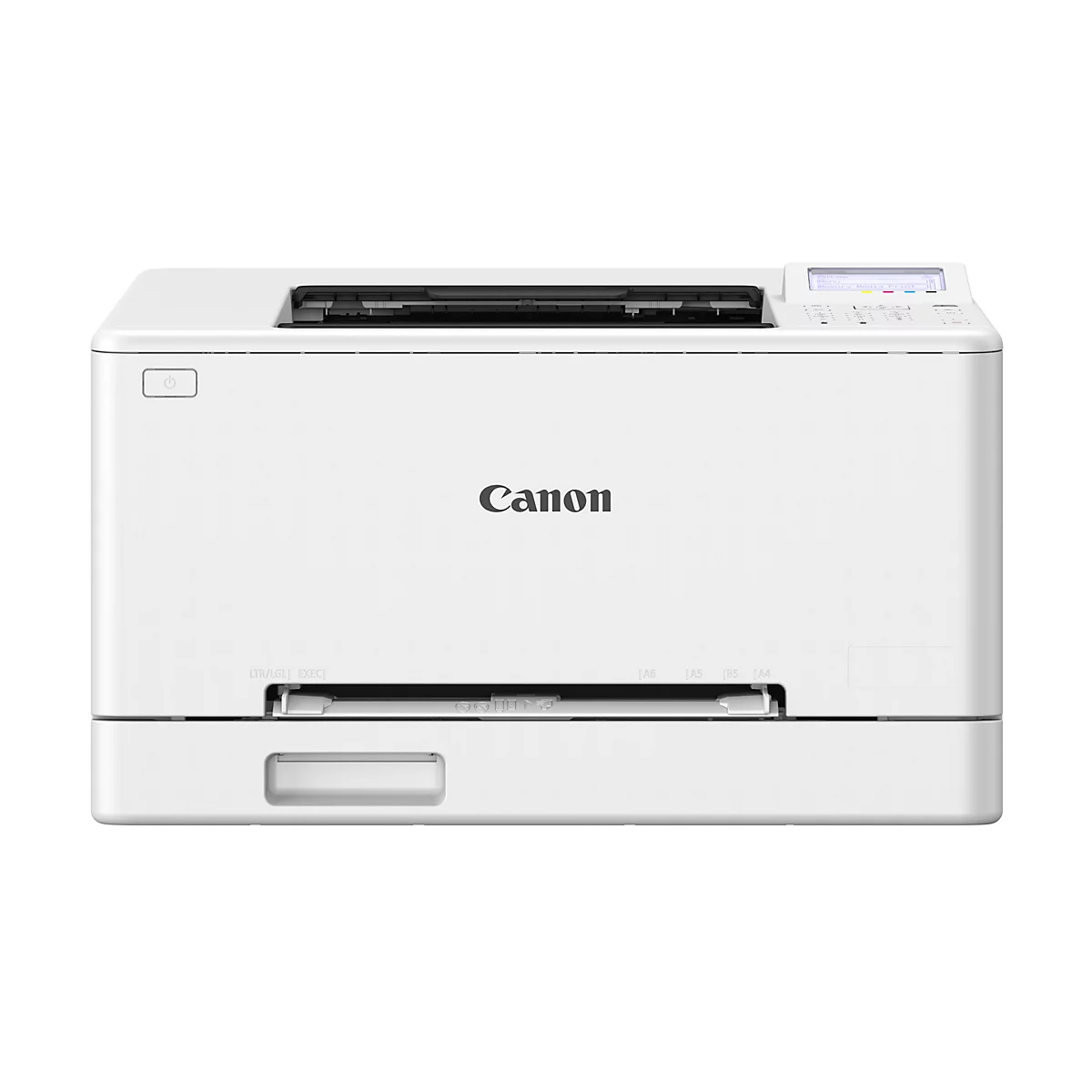 Ein weißer Canon Laserdrucker, Frontansicht. Auf der Oberseite ein Bedienfeld, darunter das Canon-Logo.