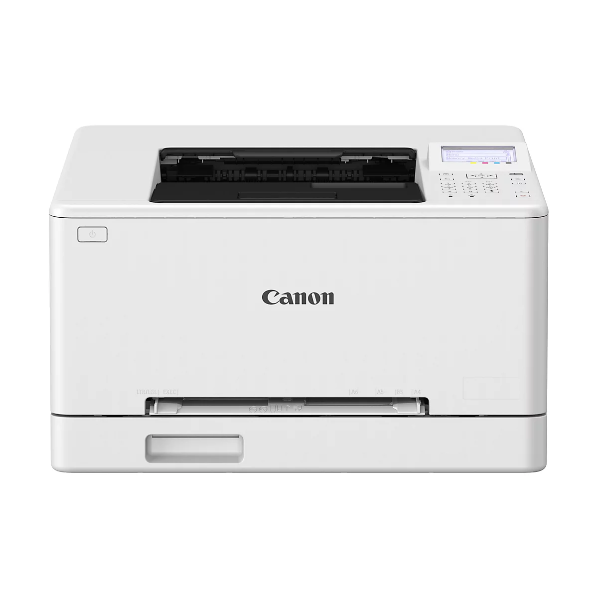 Ein weißer Canon Laserdrucker, Frontansicht. Oben rechts ein Display und Knöpfe. Darunter das Canon Logo.