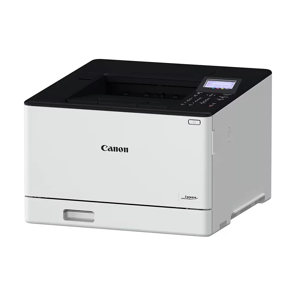 Weiß-schwarzer Canon Laserdrucker, Ansicht von vorne und von der Seite. Auf der Vorderseite befindet sich der Schriftzug Canon.