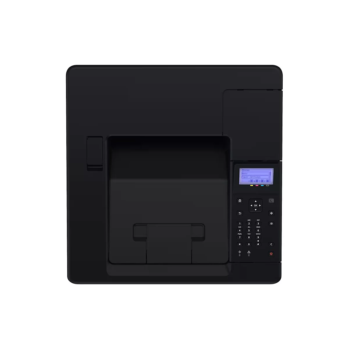 Schwarzer Drucker mit Display und Bedienfeld, Text: "Paper Settings".