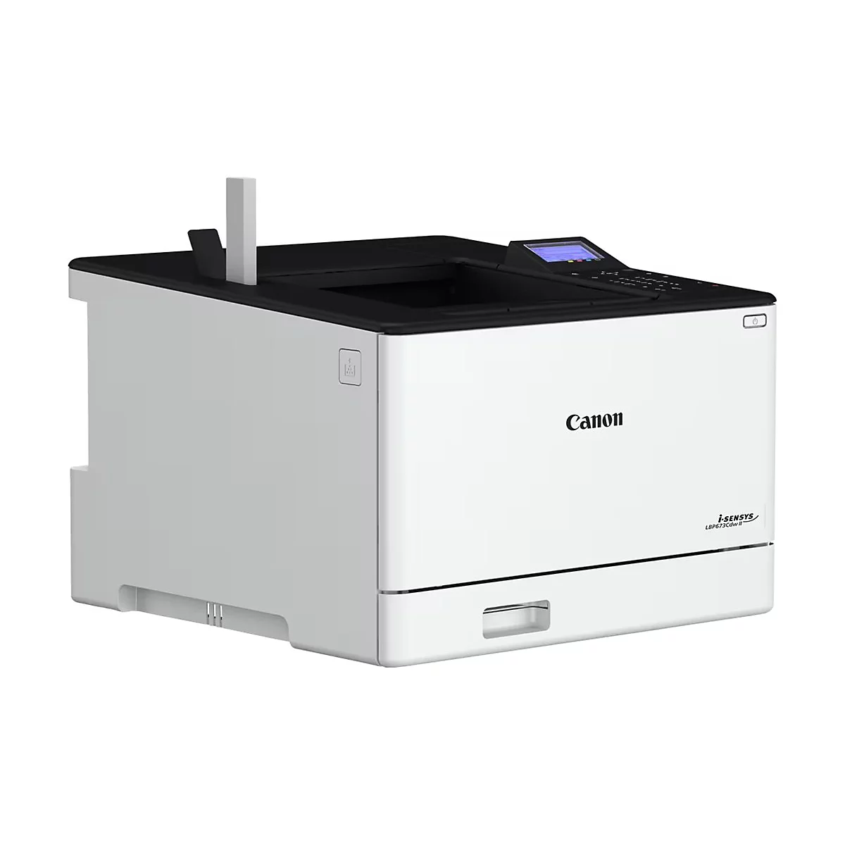 Ein weißer Canon-Laserdrucker vor neutralem Hintergrund. Schwarzer Deckel, Bedienfeld mit Display. Ausgabefach und Papierauswurf.