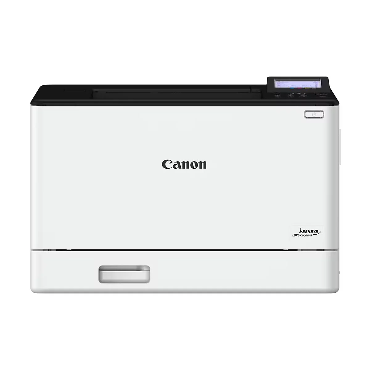 Weißer Drucker von Canon. Oben schwarze Blende mit Display, darunter das Logo.