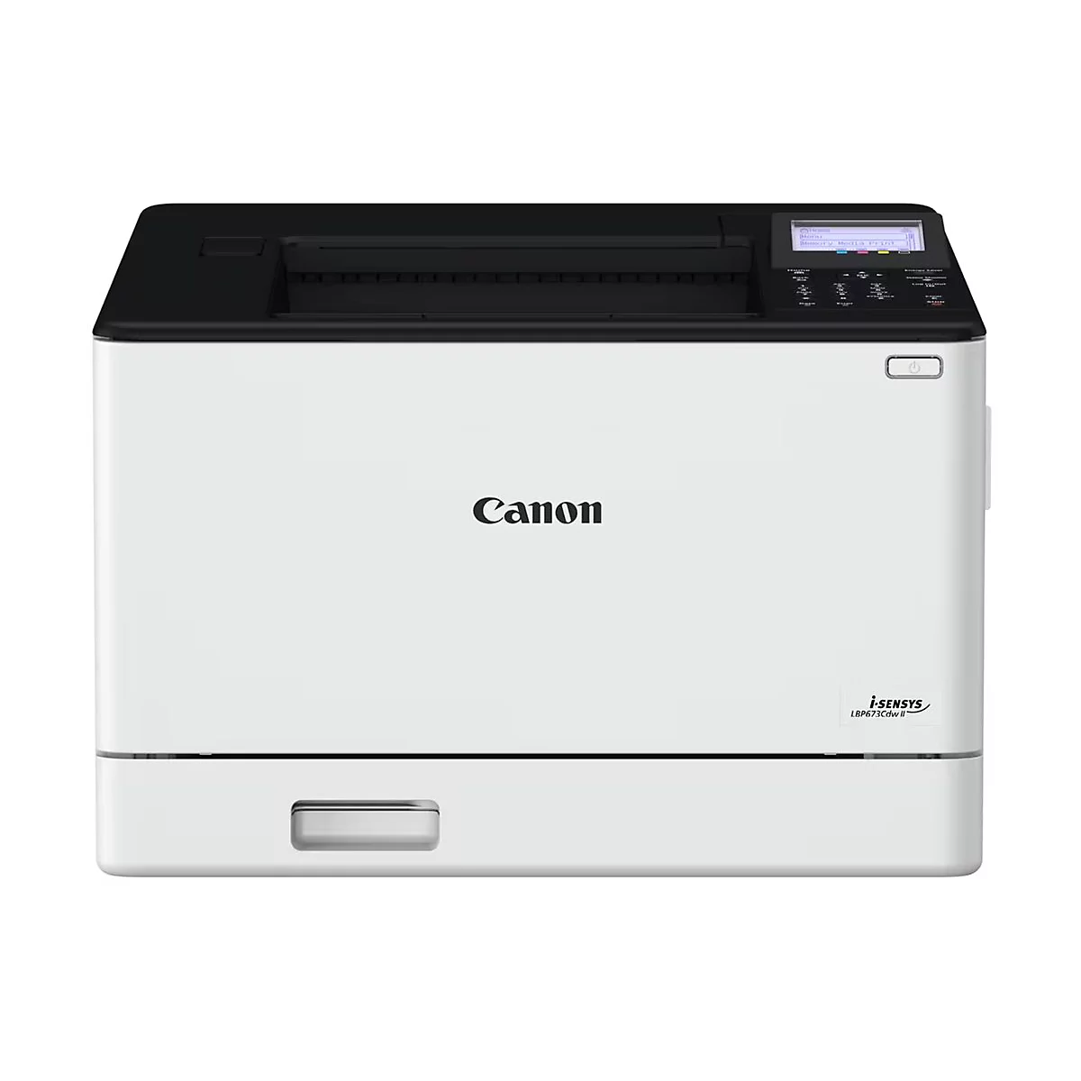 Weißer Canon Laserdrucker, schwarze Oberseite, Bedienfeld, Ein-Aus-Taste.