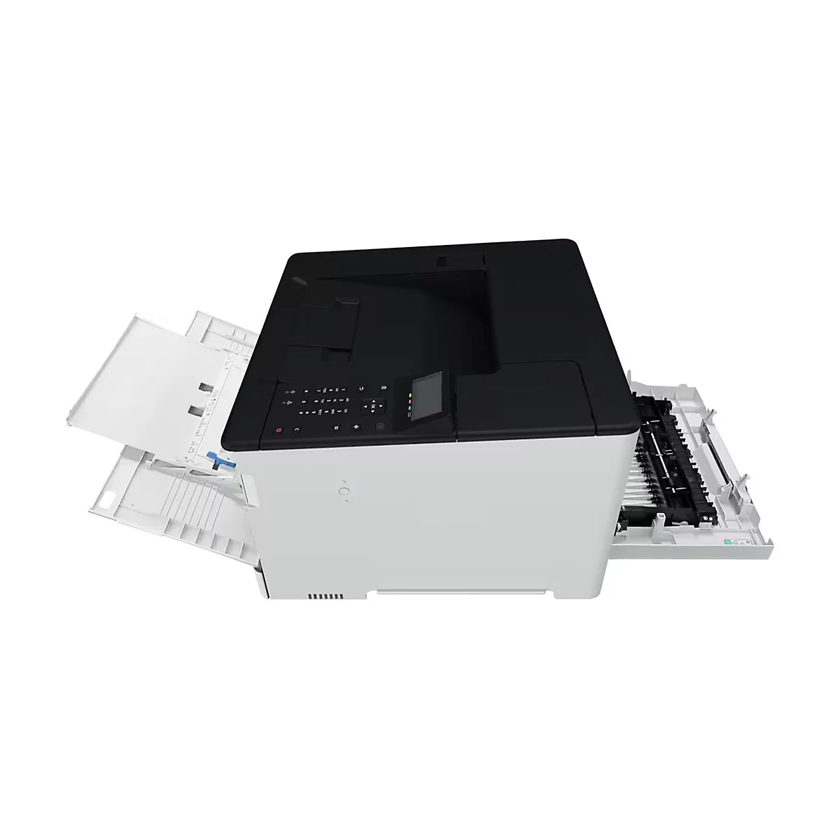 Ein weißer Drucker mit geöffnetem Papierfach und schwarzem Oberteil. Bedienelemente auf der Oberseite.
