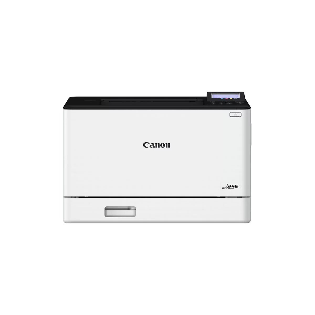 Weißer Canon Laserdrucker, schwarze Oberseite, Display und Schriftzug Canon.