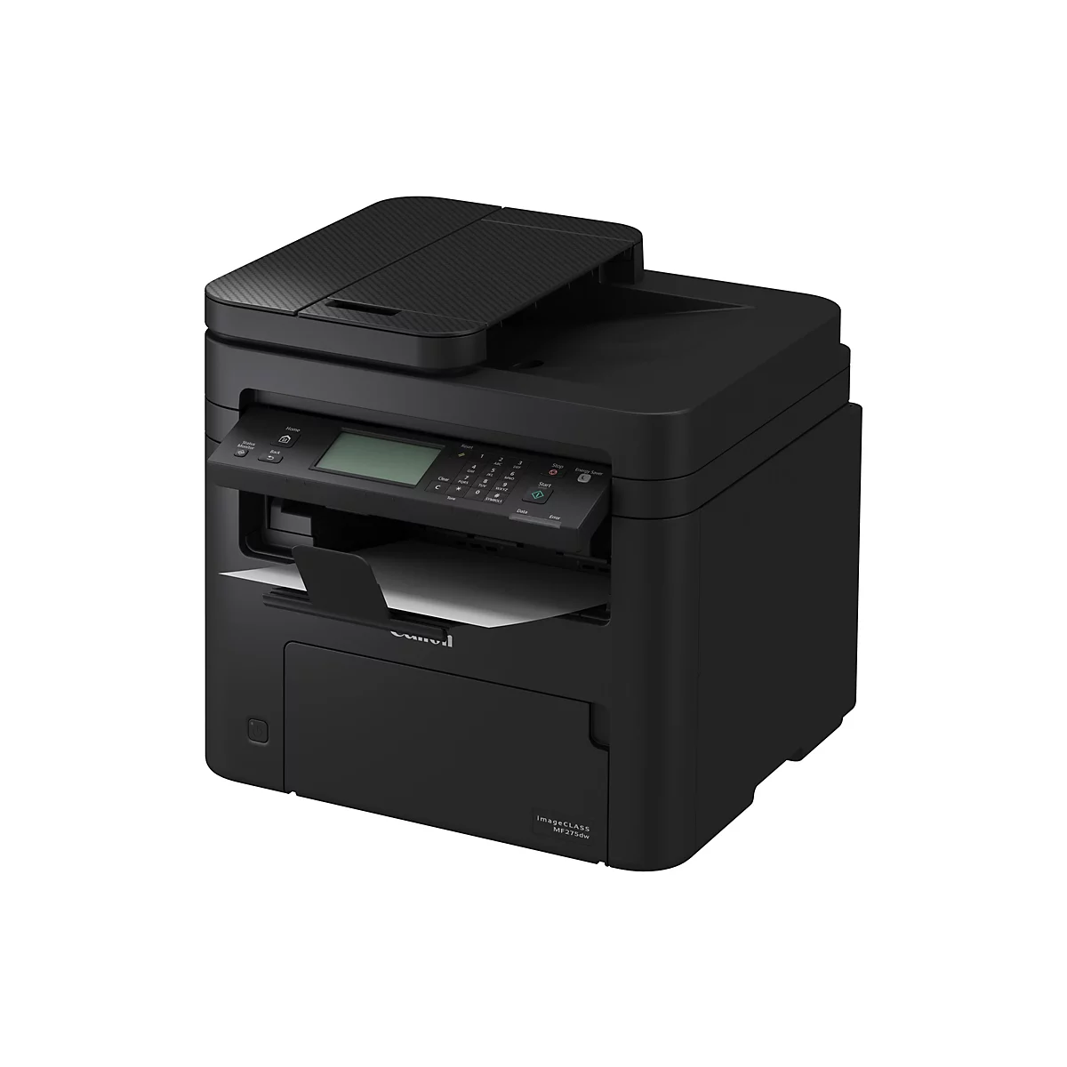 Une imprimante multifonction Canon ImageCLASS MF275dw noire sur fond blanc. Bac à papier avec papier, panneau de commande, couvercle ouvert.