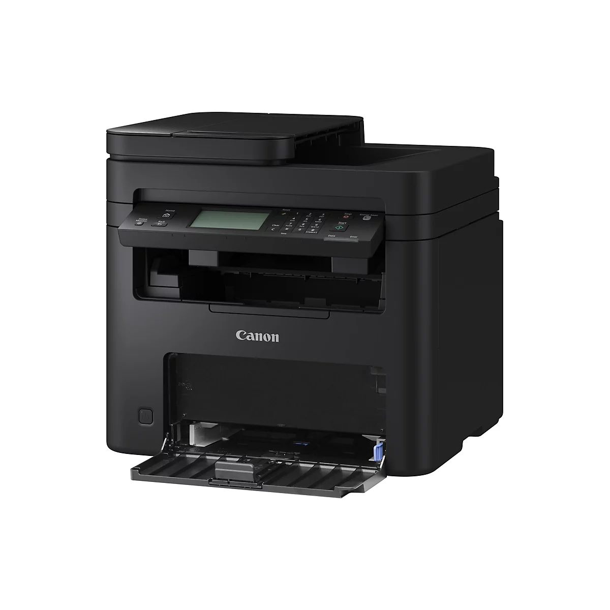 Une imprimante multifonction Canon noire. Le bac à papier est ouvert. Il y a des boutons et un petit écran sur le panneau de commande. Le logo Canon est clairement visible.