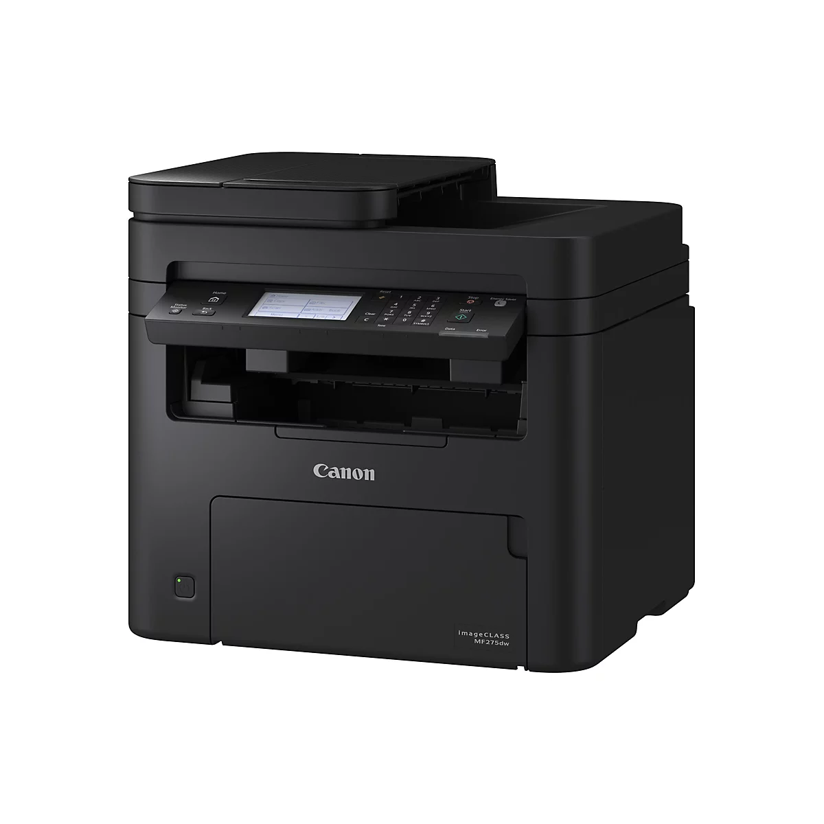 Imprimante Canon noire avec panneau de commande et écran. L'écran affiche des options telles que copier, numériser et faxer. Le logo Canon est bien en évidence.