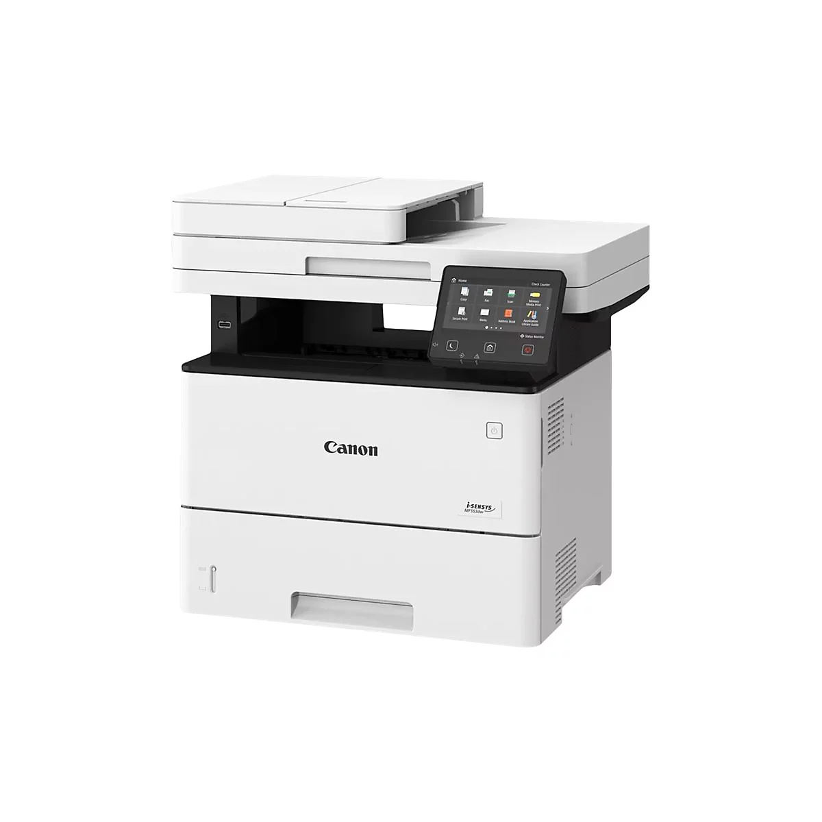 Imprimante multifonction Canon i-SENSYS MF553dw blanche. Avec écran tactile et boutons. Texte : Canon.