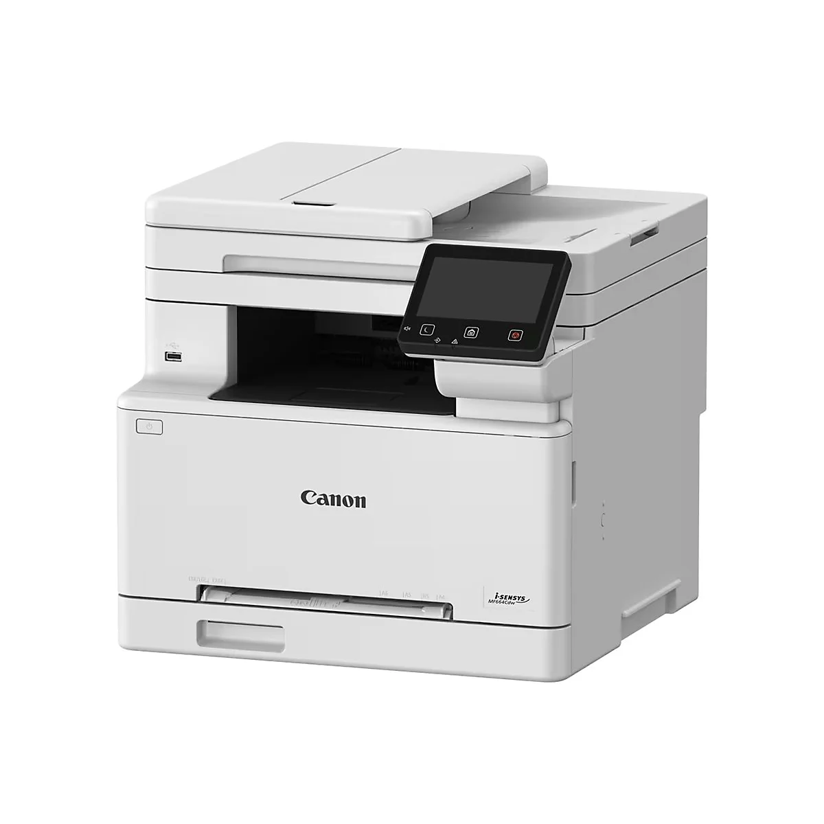 Imprimante multifonction Canon i-SENSYS blanche. Elle possède un scanner sur le dessus, un panneau de commande et un bac de sortie papier.