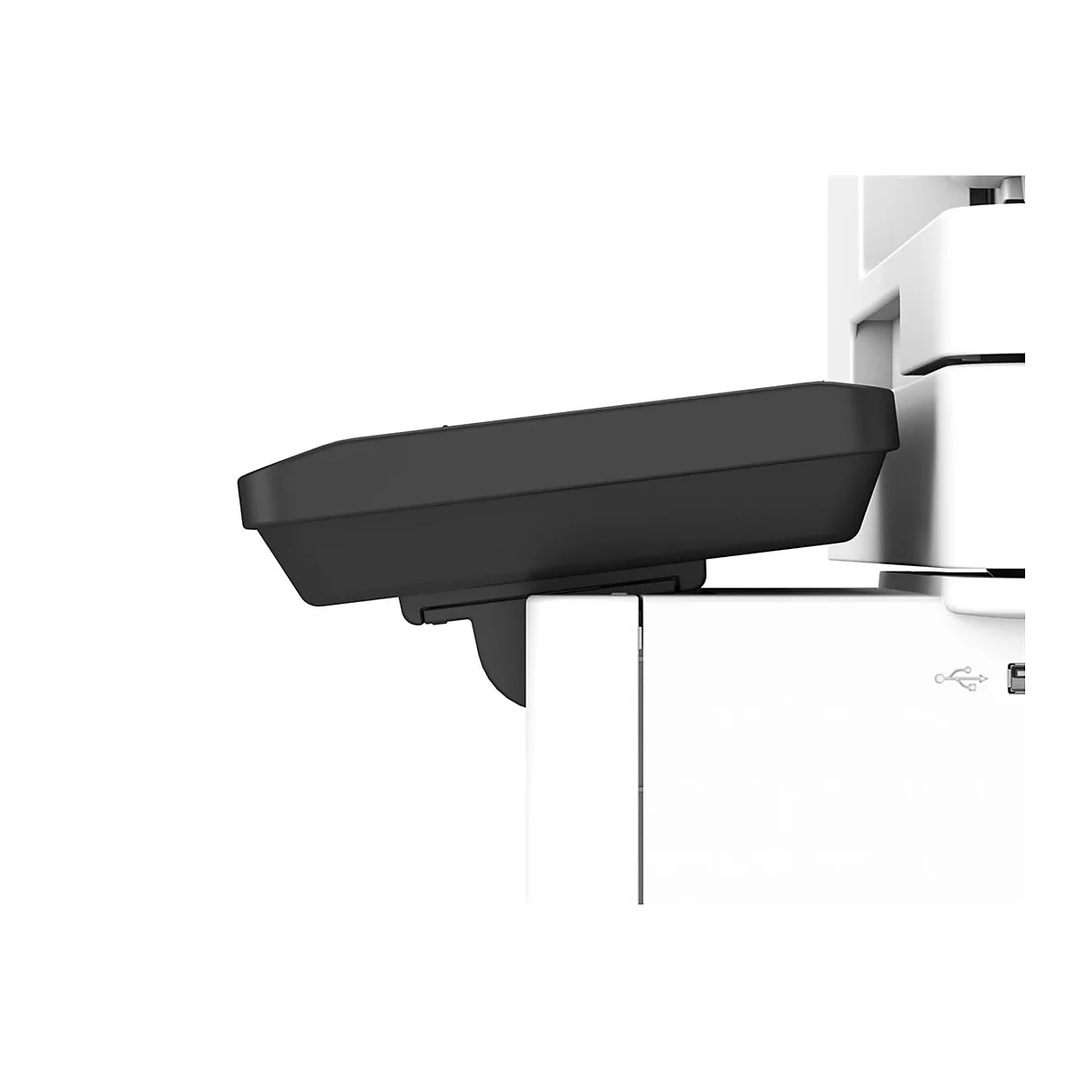 Gros plan d'une surface noire inclinée fixée à une structure blanche. Il y a un symbole USB sur la surface blanche.