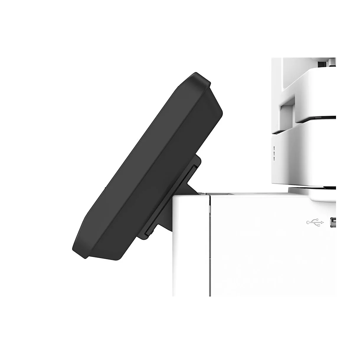 Écran noir fixé à un appareil blanc. Symbole USB.