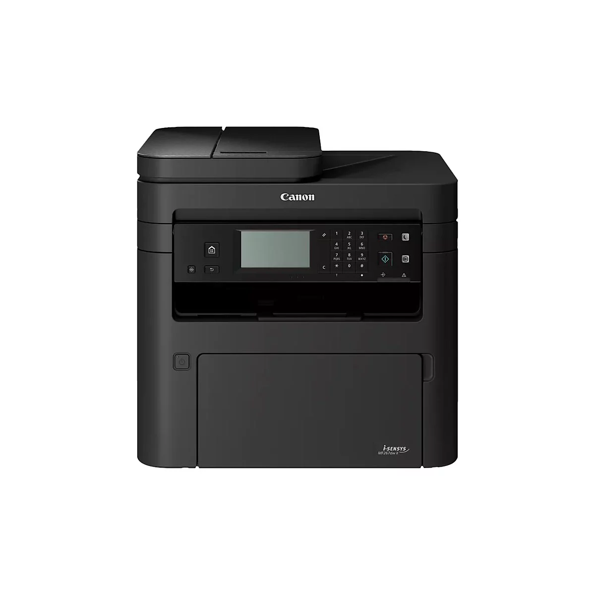 Schwarzer Canon i-SENSYS MF267dw II Multifunktionsdrucker in Frontalansicht vor weißem Hintergrund.