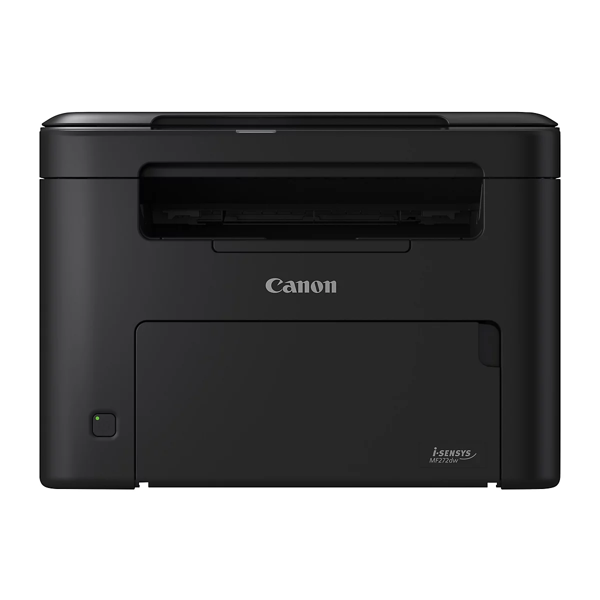 Schwarzer Canon-Multifunktionsdrucker. Das Gerät hat ein modernes Design mit abgerundeten Kanten und einem Bedienfeld. Das Canon-Logo ist prominent platziert.