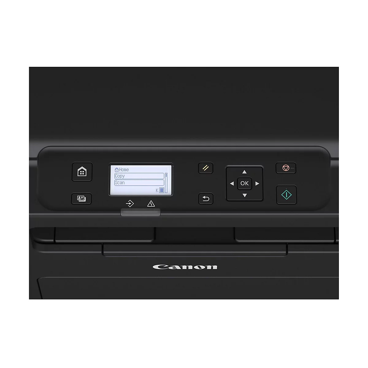 Nahaufnahme eines schwarzen Canon-Druckers. Auf dem Bedienfeld befinden sich ein Bildschirm mit Menüoptionen und verschiedene Tasten.