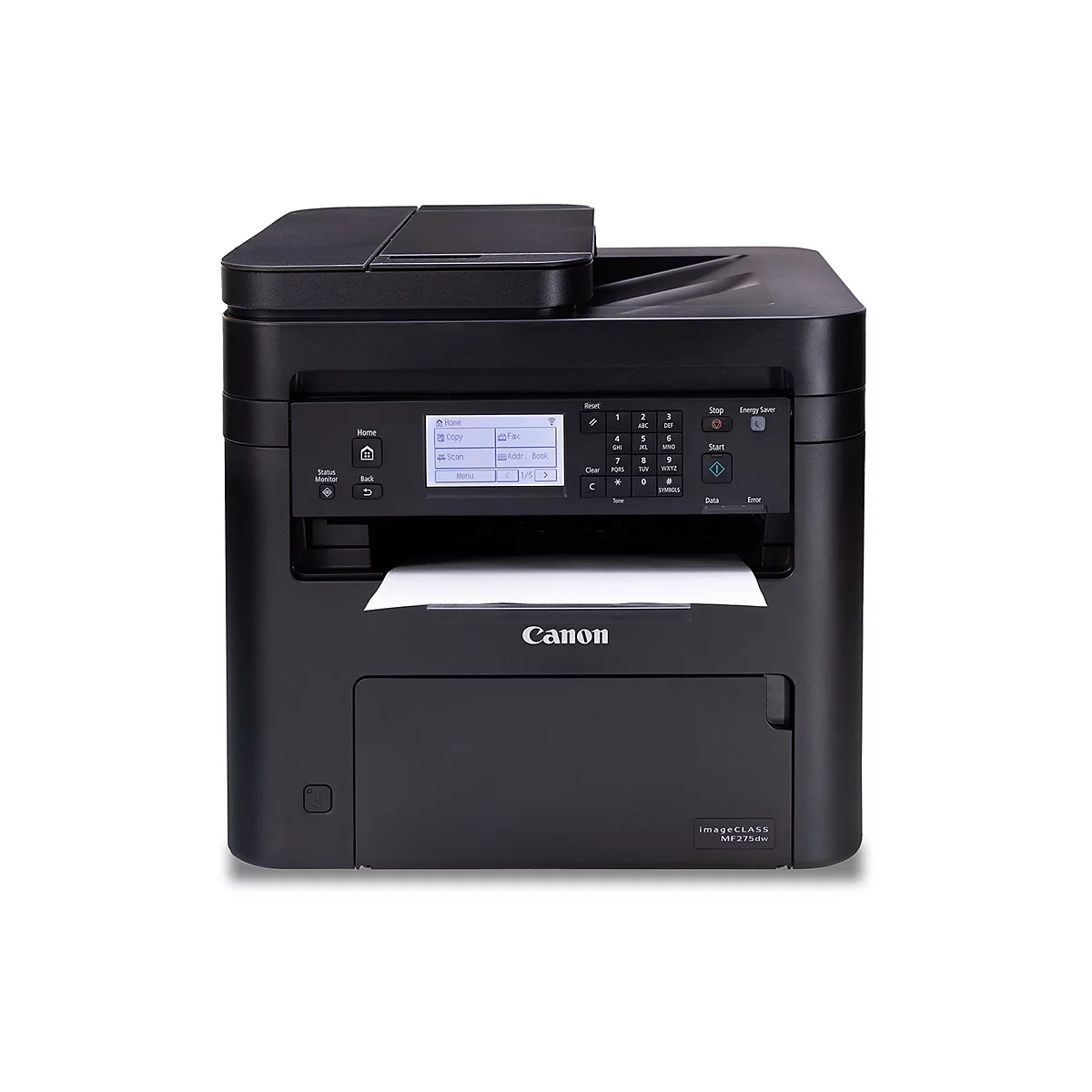 Schwarzer Canon Drucker, Modell MF275dw, mit Papierausgabe. Bedienfeld mit Tasten und Display.