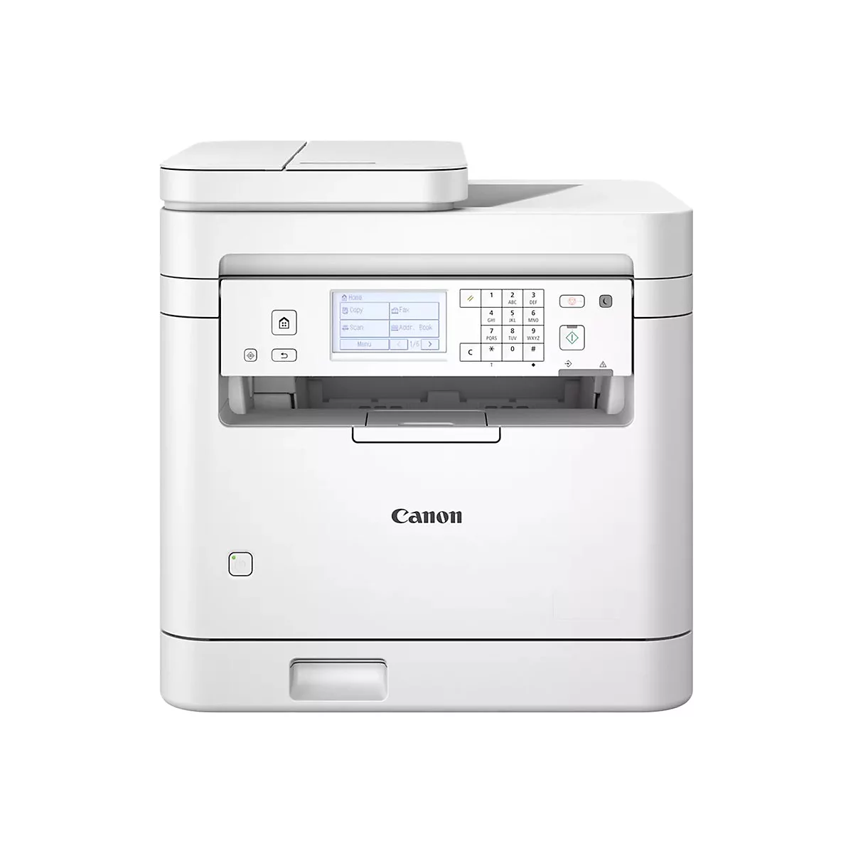 Weißer Canon Multifunktionsdrucker vor neutralem Hintergrund. Auf dem Bedienfeld befinden sich Tasten und ein kleines Display.
