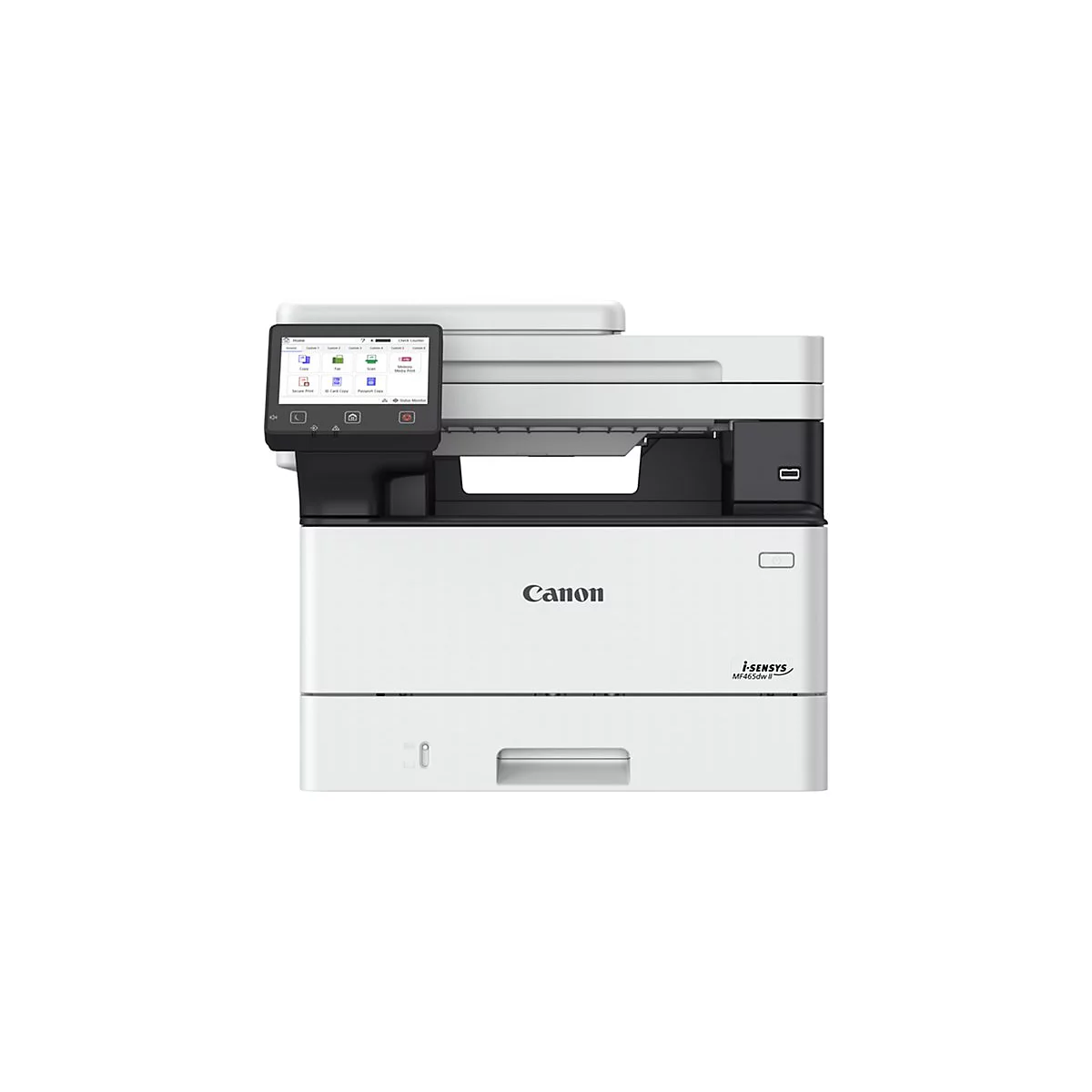 Weiß-schwarzer Canon-Multifunktionsdrucker. Auf dem Touchscreen Symbole für Funktionen wie Kopieren, Faxen und Scannen. 'Canon' und 'i-SENSYS' sind sichtbar.
