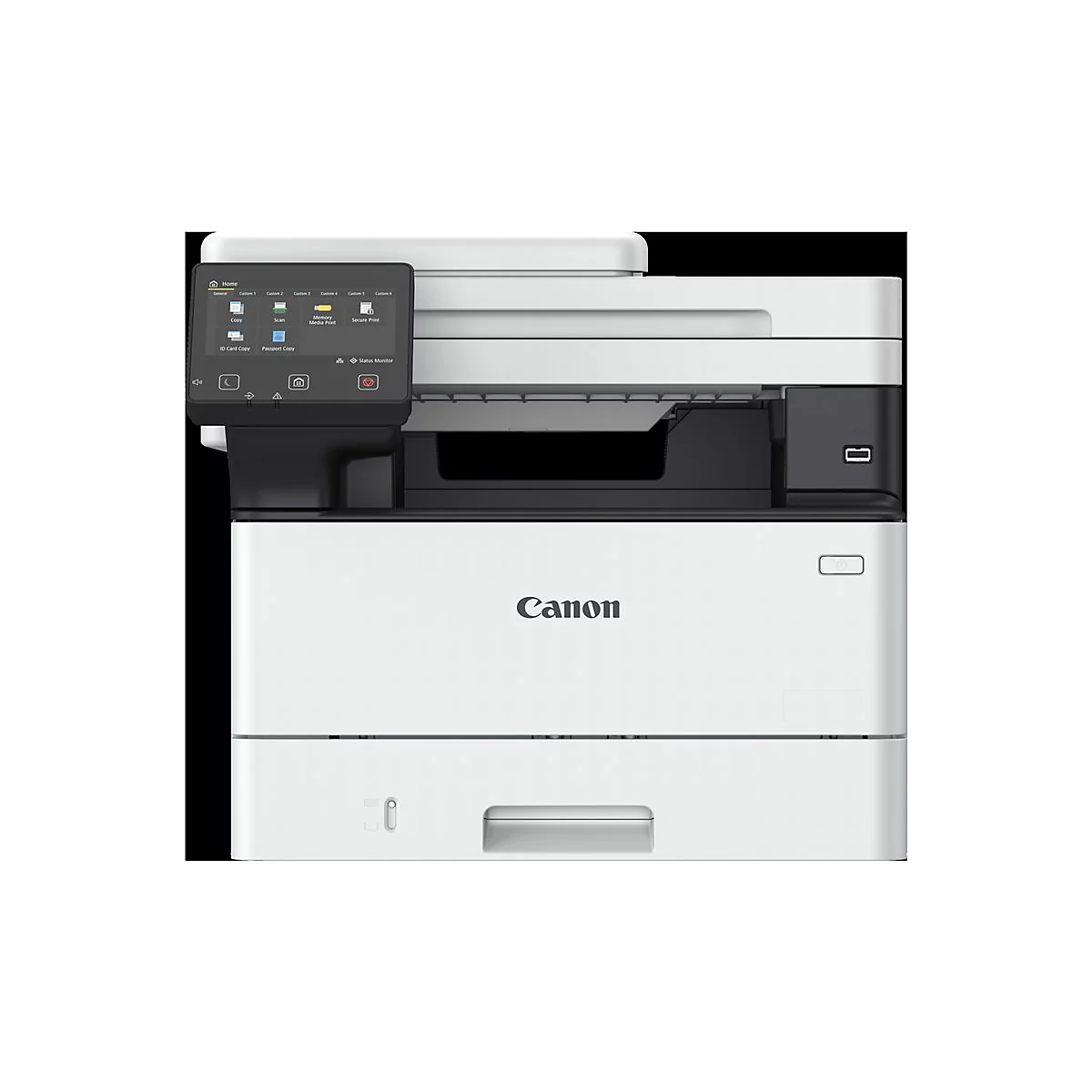 Ein weiÃŸer Canon-Multifunktionsdrucker. Oben ein Touchscreen-Display, darunter das Canon-Logo.