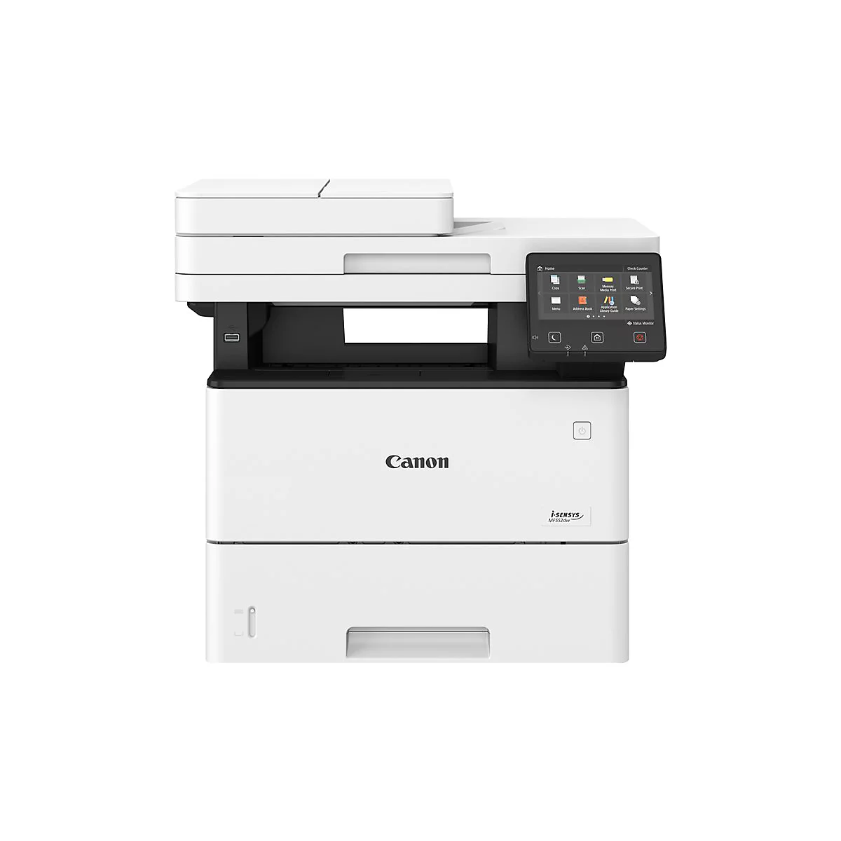 WeiÃŸer Canon-Multifunktionsdrucker mit Touchscreen. Das GerÃ¤t hat mehrere PapierfÃ¤cher und einen Scanner.