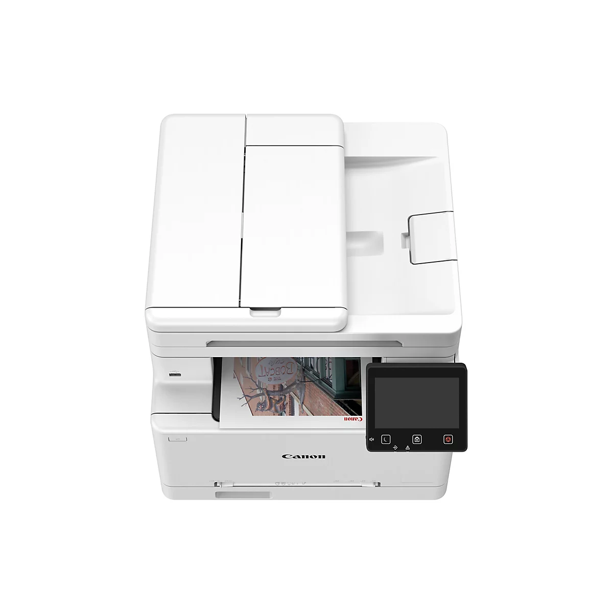 Draufsicht auf einen weißen Canon Multifunktionsdrucker. Auf dem Display wird ein Foto eines Cafés angezeigt.