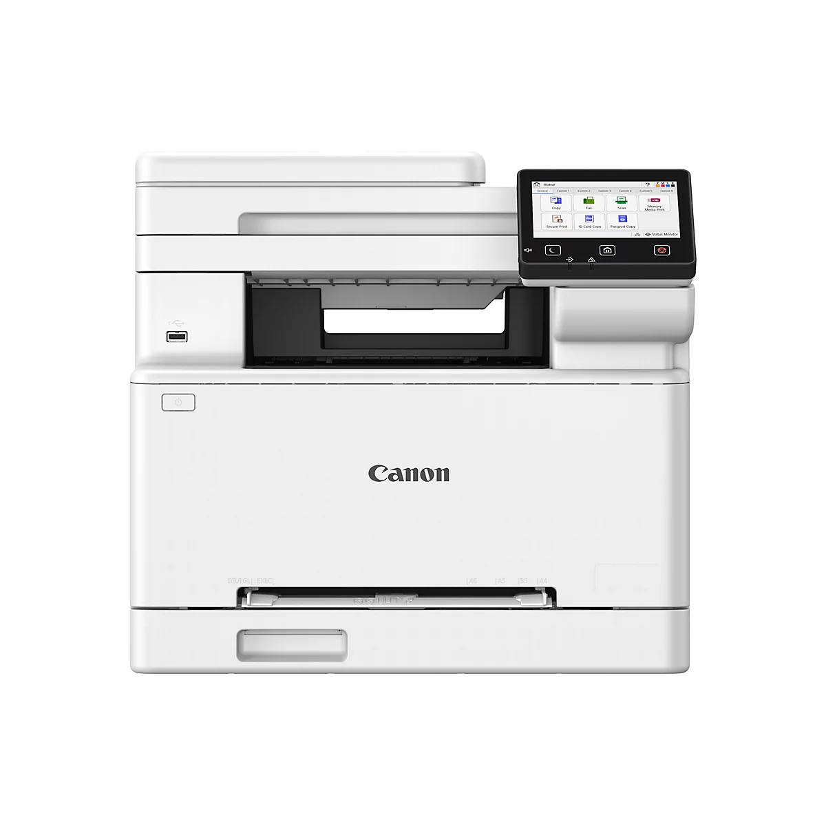 Weißer Canon Multifunktionsdrucker mit Touchscreen. Auf dem Bildschirm sind Optionen wie Kopieren, Faxen und Scannen zu sehen.