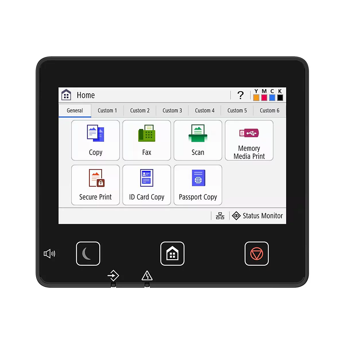 Schwarz gerahmter Touchscreen, Home-Ansicht mit Funktionen wie Kopieren, Scannen, Faxen, sicheres Drucken, etc. Auf dem Display-Rand befinden sich Bedienknöpfe.