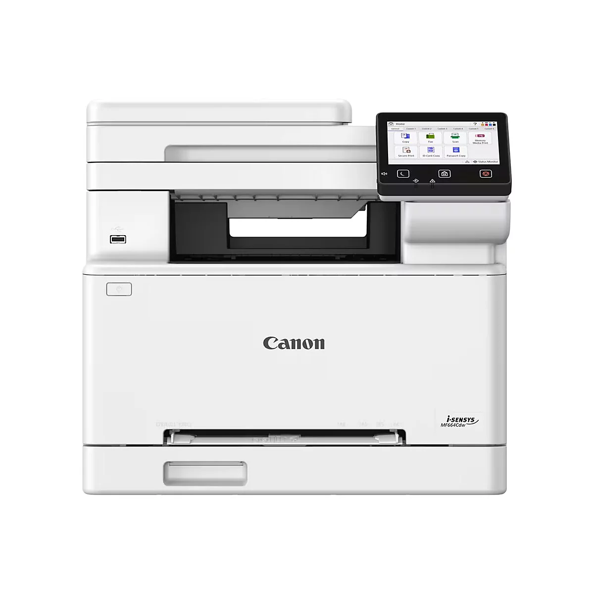 Weißer Canon i-SENSYS MF664Cdw Drucker, Display mit Funktionen. USB-Anschluss und Ein/Aus-Schalter.