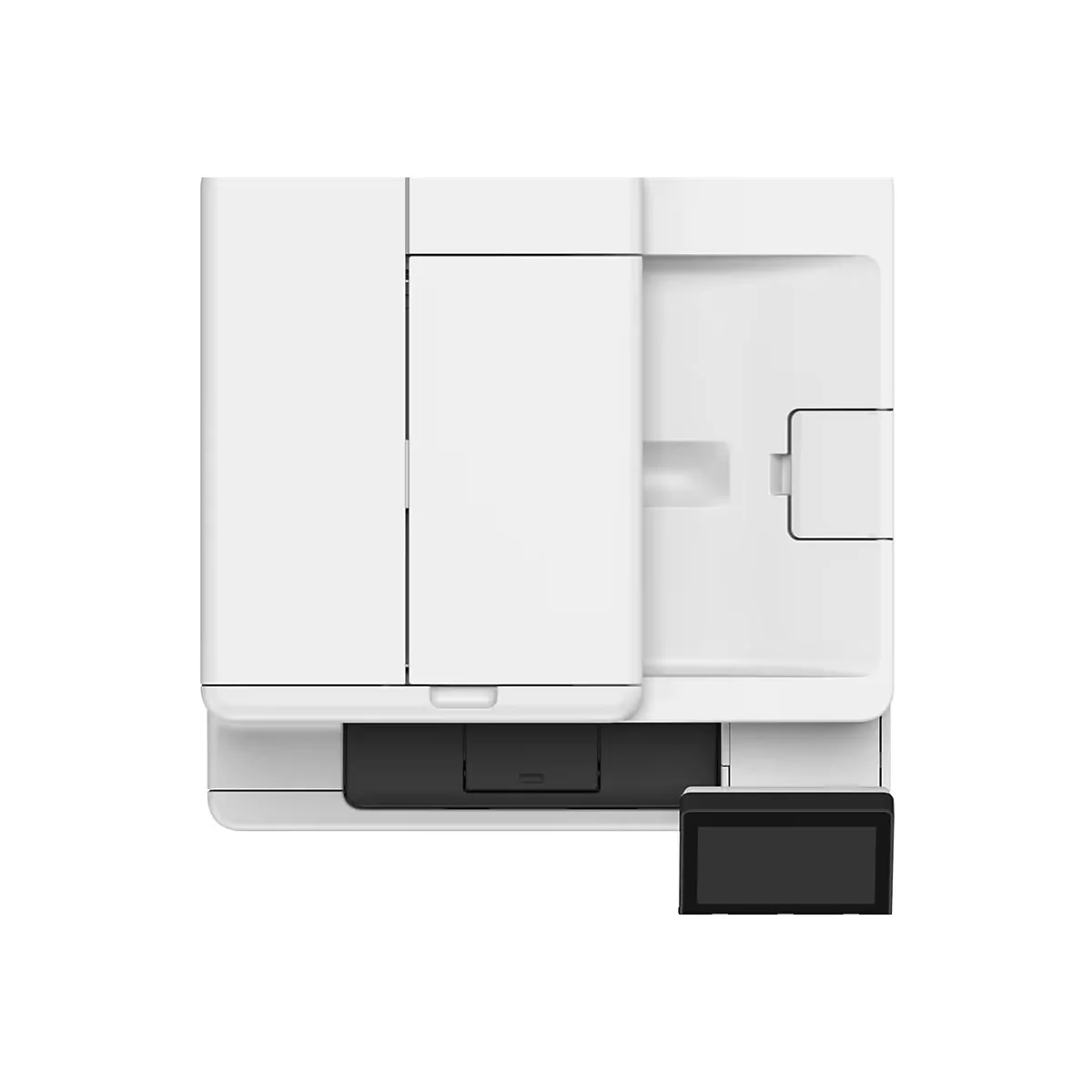 Draufsicht auf einen weißen Drucker mit schwarzem Touchscreen-Display.