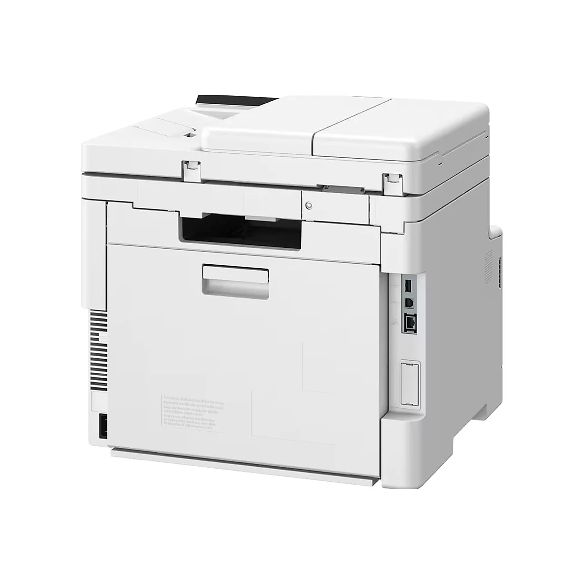 Weißer Drucker vor neutralem Hintergrund. Auf der Rückseite Anschlüsse und ein kleiner Aufkleber.