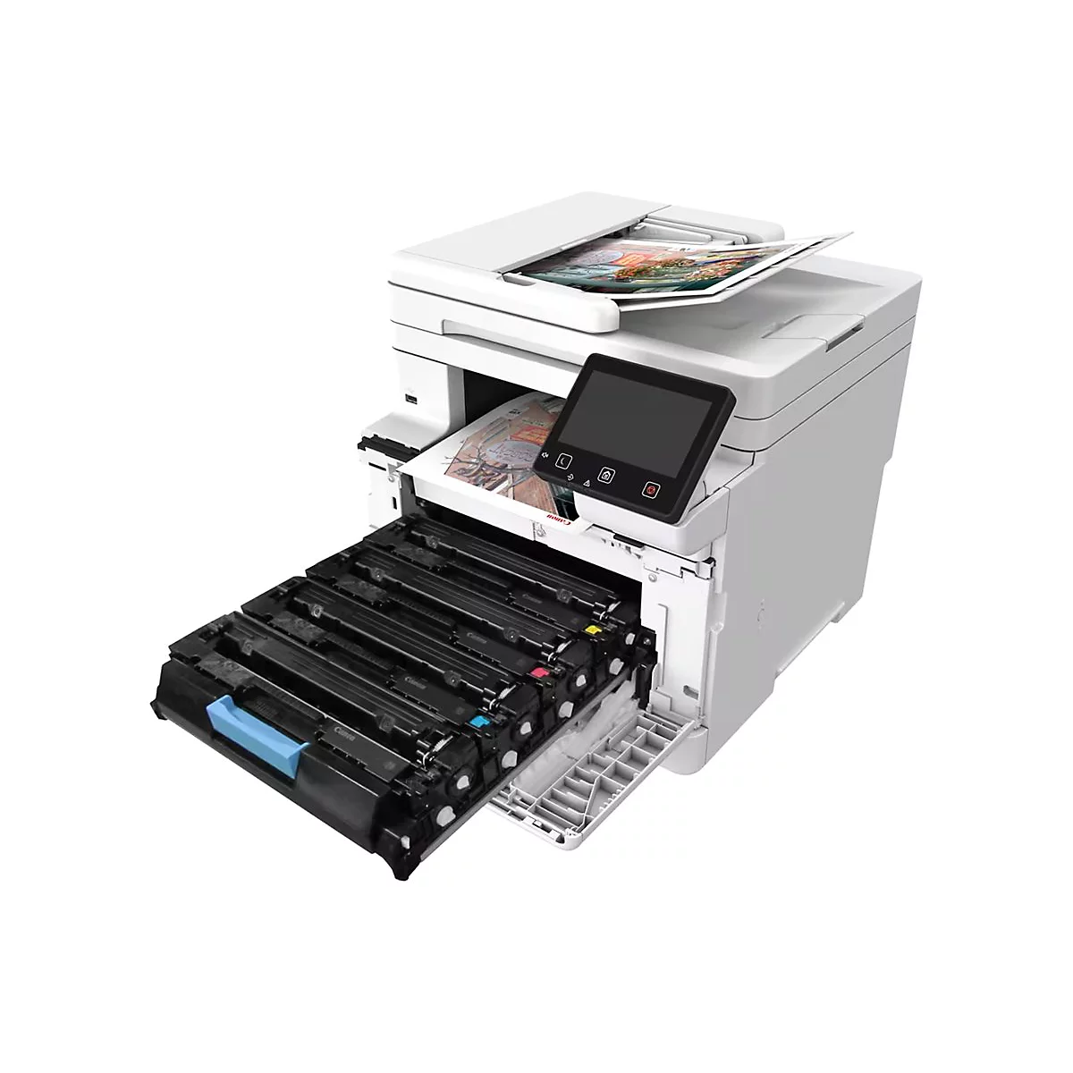 Ein weißer Drucker mit geöffneter Tintenpatronen-Schublade. Ein Papierausdruck liegt im Papiereinzug.