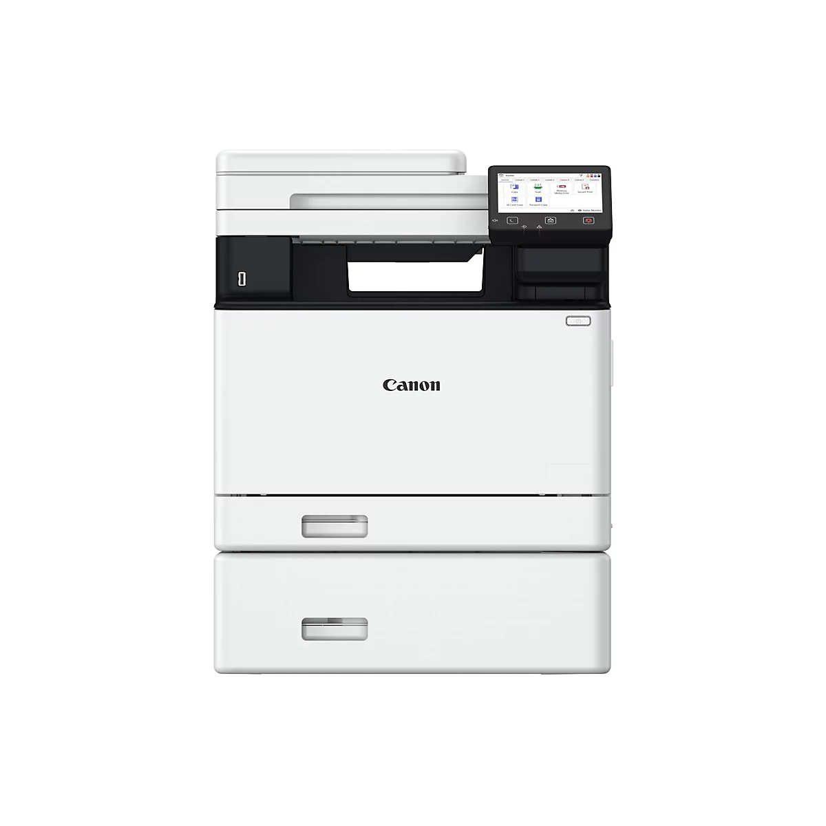 Ein weißer Canon-Multifunktionsdrucker. Er hat ein Bedienfeld mit Touchscreen und Tasten. Darunter ist das Canon-Logo.