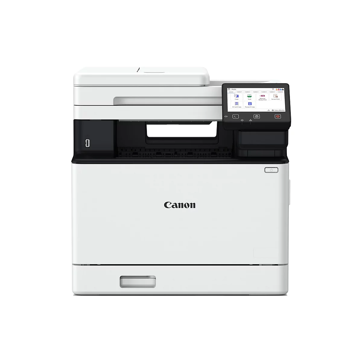 Ein weißer Canon-Multifunktionsdrucker. Auf dem Display sind verschiedene Funktionen abgebildet.