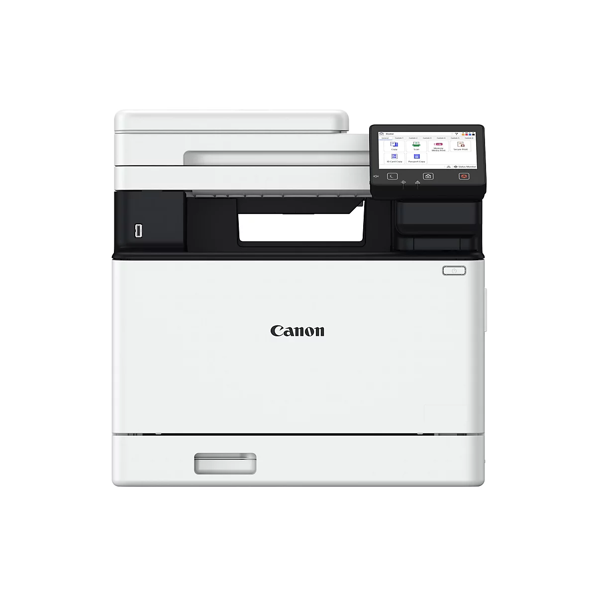 Ein weißer Canon-Multifunktionsdrucker. Das Bedienfeld zeigt verschiedene Funktionen an. Das Canon-Logo ist prominent platziert.