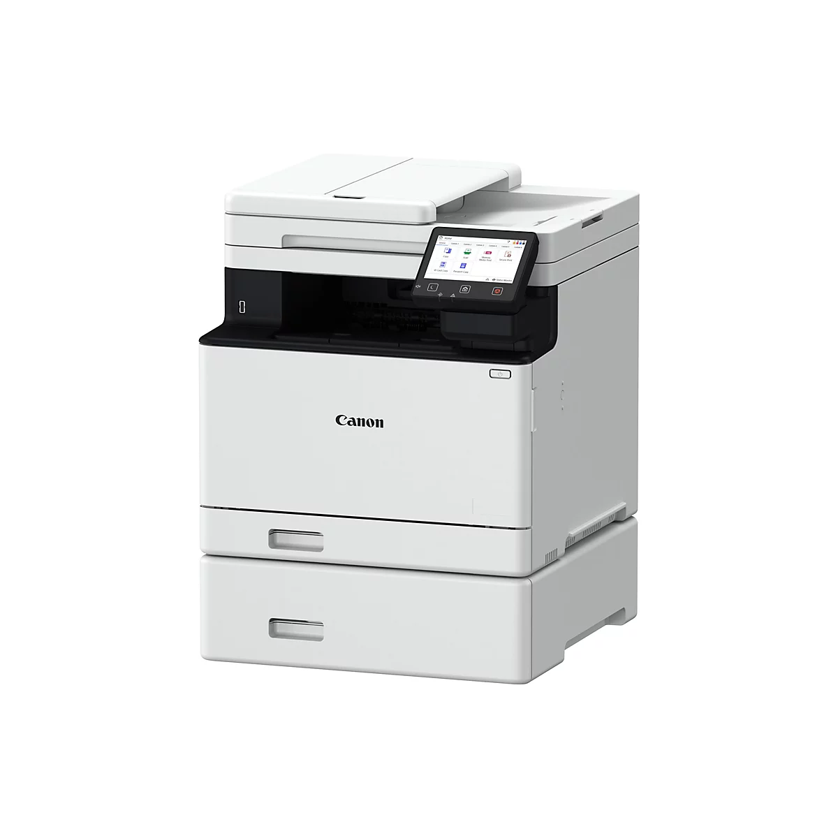 Ein weißer Canon-Multifunktionsdrucker. Er hat ein Bedienfeld mit Touchscreen, eine Papierausgabeschublade und das Canon-Logo.