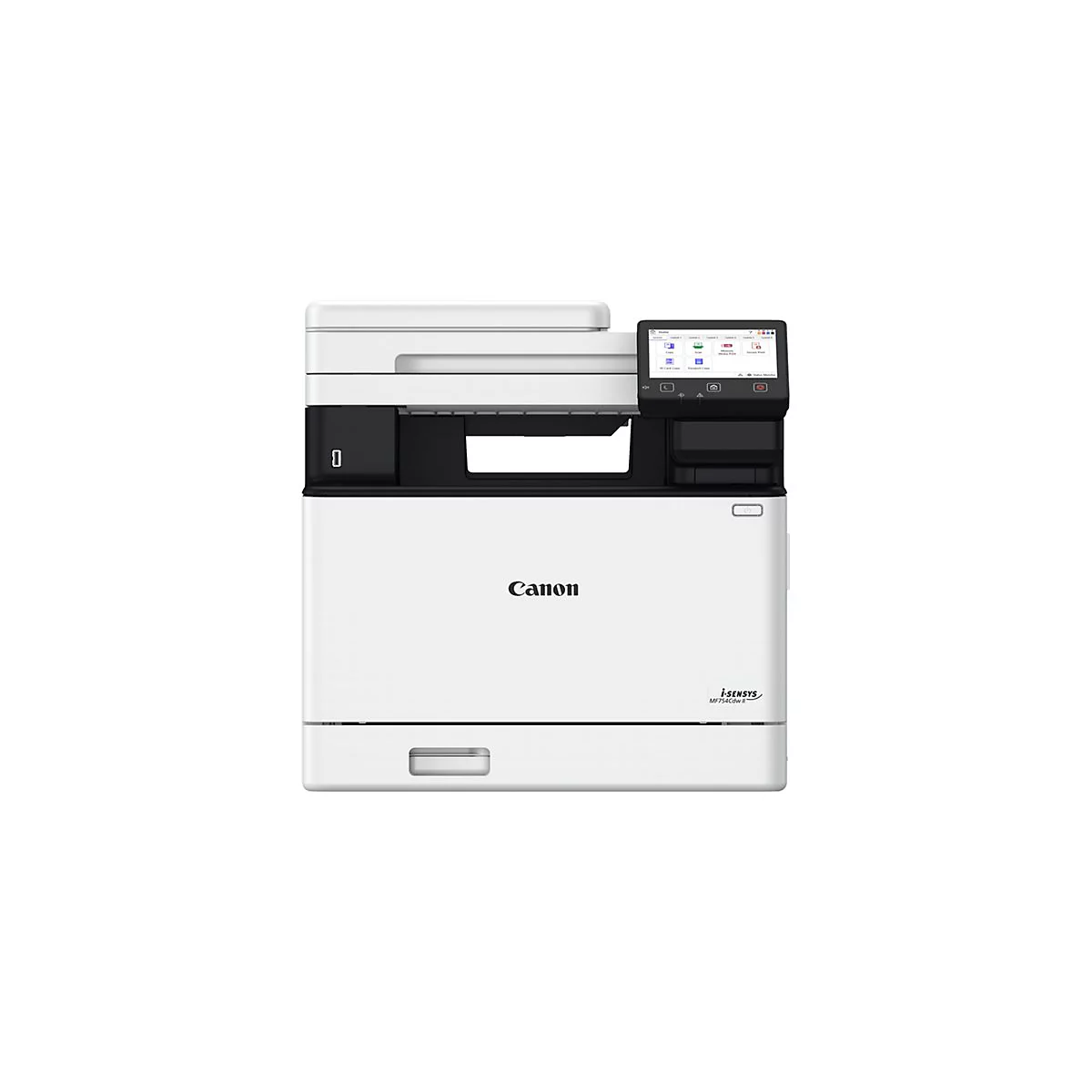 Ein weißer Canon-Multifunktionsdrucker. Er hat ein Bedienfeld mit Touchscreen und das i-SENSYS Logo.