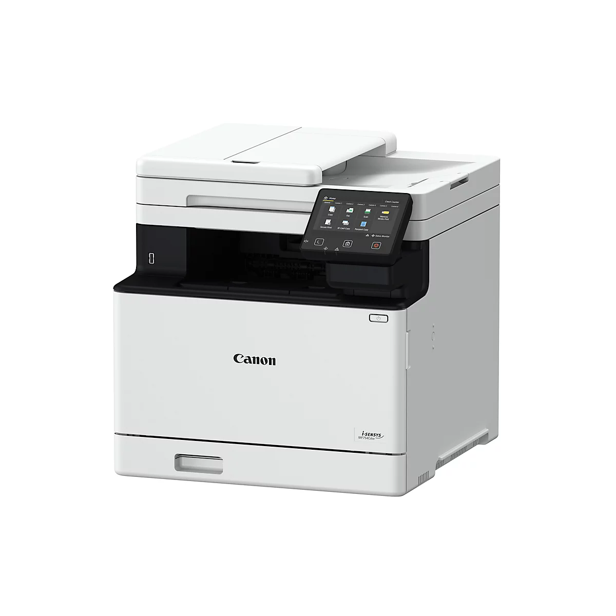 Een witte Canon multifunctionele printer met een touchscreen bedieningspaneel, zwarte accenten en het Canon logo op de voorkant.